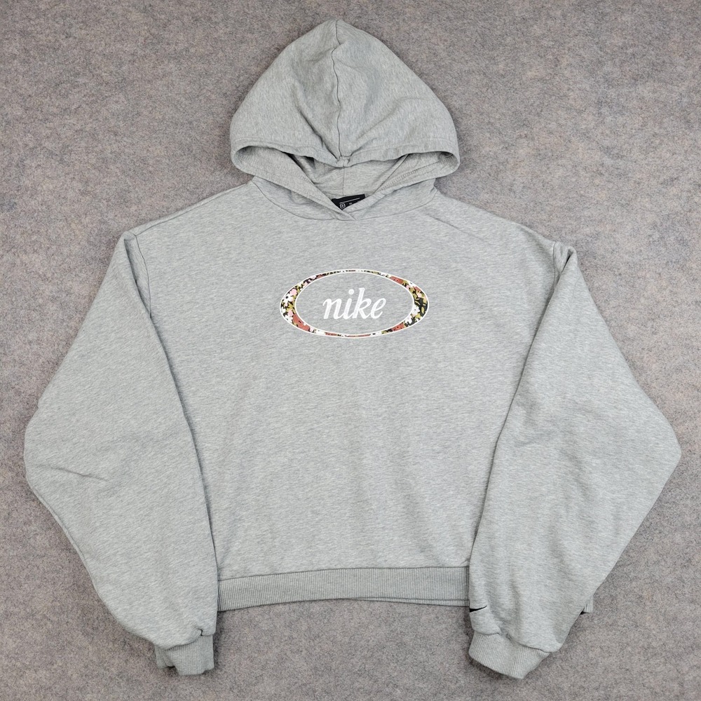 Nike Hoodie Mens XL Gray Fleece Pullover Sweatshirt Floral Oval Logo DJ1084-063